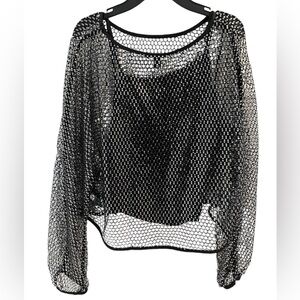 Sequin Grid Long Sleeve Popover Blouse